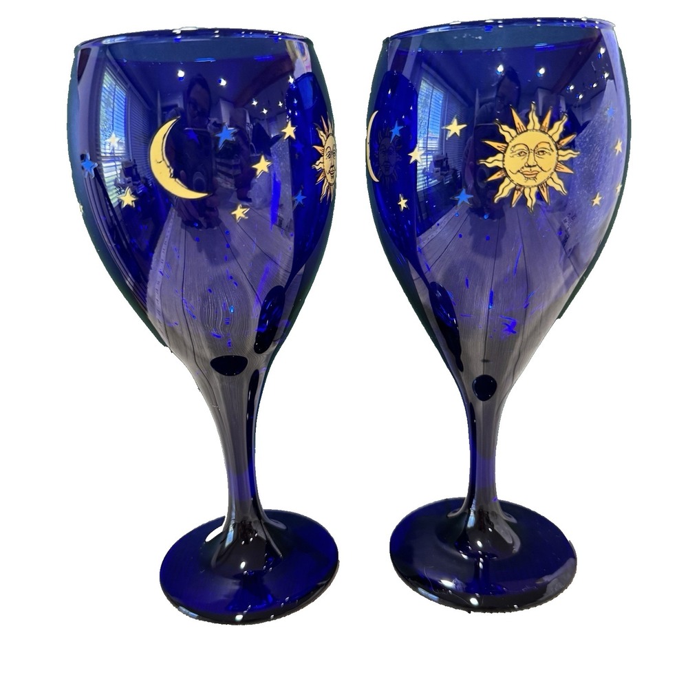 Vintage Libbey Cobalt Blue Sun Moon Stars Celestial Set Of 2 Stemware Glasses